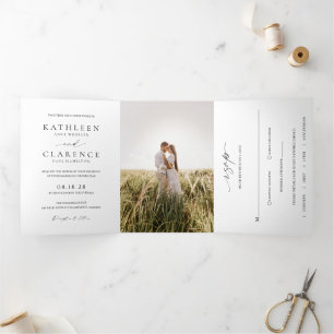 Convite Com Dobra Tripla Casamento clássico de foto mínima simples
