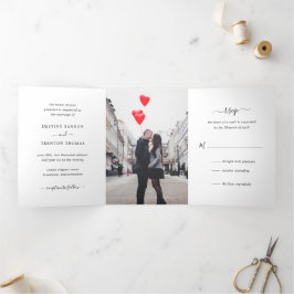 Convite Com Dobra Tripla Casamento Clássico Elegante com Foto Mínima