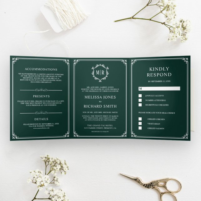 Convite Com Dobra Tripla Casamento Clássico Elegante com Monograma em Verde (Criador carregado)