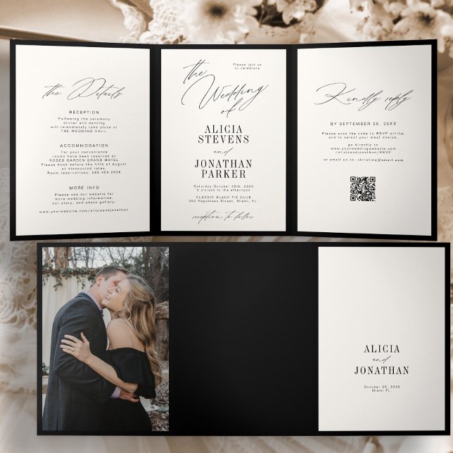 Convite Com Dobra Tripla Casamento clássico elegante em preto e marfim com  (Criador carregado)