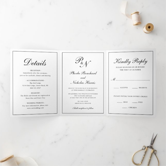 Convite Com Dobra Tripla Casamento Clássico Elegante Preto e Branco (Dentro)