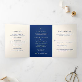Convite Com Dobra Tripla Casamento Clássico em Azul Marinho e Creme Tudo em