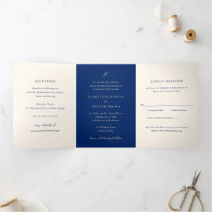 Convite Com Dobra Tripla Casamento Clássico em Azul Marinho e Creme Tudo em
