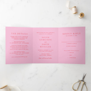 Convite Com Dobra Tripla Casamento Clássico Rosa e Vermelho Elegante