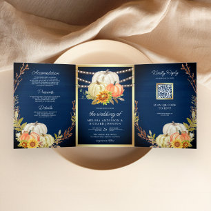 Convite Com Dobra Tripla Casamento Código QR Abóbora Girassol Madeira Rústi