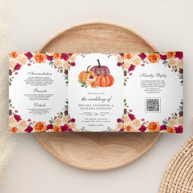 Convite Com Dobra Tripla Casamento Código QR Abóbora Laranja Queimada (Criador carregado)
