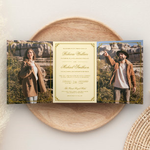 Convite Com Dobra Tripla Casamento Código QR Amarelo Manteiga Foto Minimali