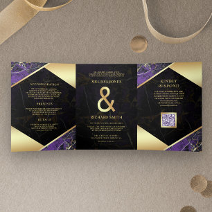 Convite Com Dobra Tripla Casamento Código QR Ampersand Mármore Dourado Roxo