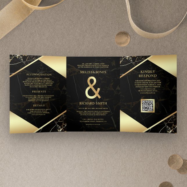 Convite Com Dobra Tripla Casamento Código QR Ampersand Mármore Ouro Preto (Criador carregado)