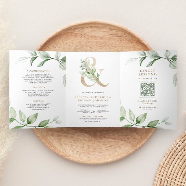 Convite Com Dobra Tripla Casamento Código QR Ampersand Ouro de Sage Greener (Criador carregado)