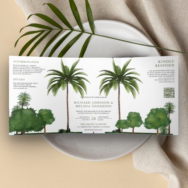 Convite Com Dobra Tripla Casamento Código QR Árvore de Palma Tropical Veget (Criador carregado)