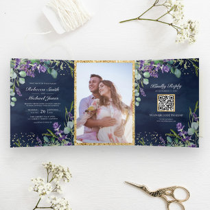 Convite Com Dobra Tripla Casamento Código QR Azul Marinho Lavanda e Eucalip