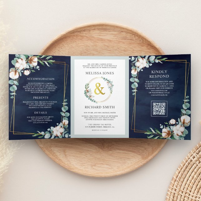 Convite Com Dobra Tripla Casamento Código QR Azul Naval Eucalipto Algodão (Criador carregado)