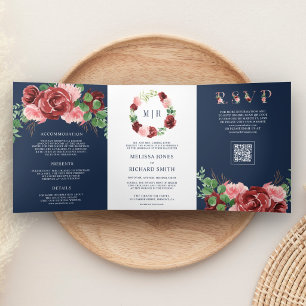 Convite Com Dobra Tripla Casamento Código QR Azul Naval Floral Borgonha Ros
