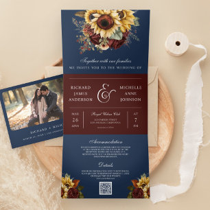 Convite Com Dobra Tripla Casamento Código QR Boho Burgundy Roses Sunflower