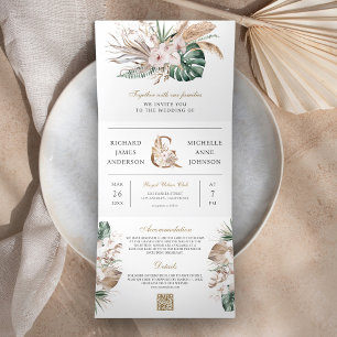 Convite Com Dobra Tripla Casamento Código QR Boho Pampas Monstera Tropical