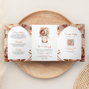 Convite Com Dobra Tripla Casamento Código QR Boho Terracota Floral Pote de