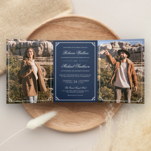 Convite Com Dobra Tripla Casamento Código QR Branco Azul Naval Foto Minimal (Criador carregado)