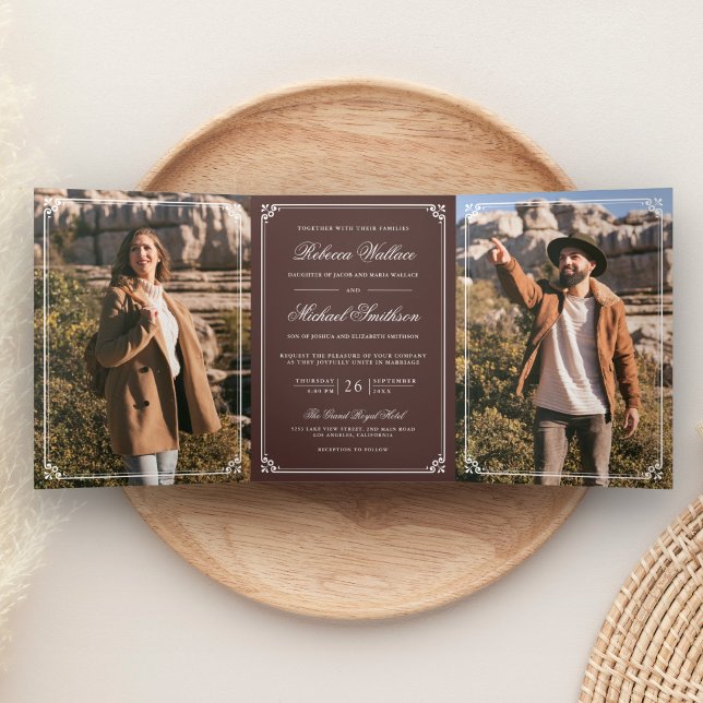 Convite Com Dobra Tripla Casamento Código QR Café Espresso Marrom Foto Mini (Criador carregado)
