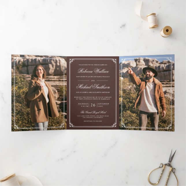 Convite Com Dobra Tripla Casamento Código QR Café Espresso Marrom Foto Mini (Dentro)