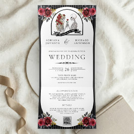 Convite Com Dobra Tripla Casamento Código QR Casal Esqueleto Góthico Rosas
