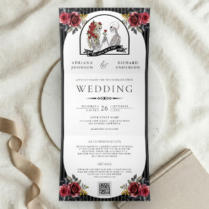 Convite Com Dobra Tripla Casamento Código QR Casal Esqueleto Góthico Rosas