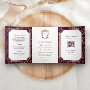 Convite Com Dobra Tripla Casamento Código QR Católico Burgundy Vitoriano
