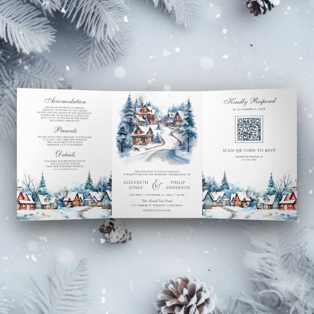 Convite Com Dobra Tripla Casamento Código QR da Aldeia de Natal Festiva de  (Criador carregado)