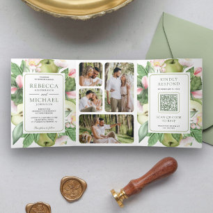 Convite Com Dobra Tripla Casamento Código QR da Macieira Verde Botânica