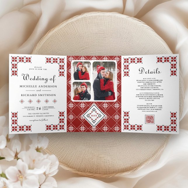 Convite Com Dobra Tripla Casamento Código QR de Bordado Ucraniano Vermelho  (Criador carregado)