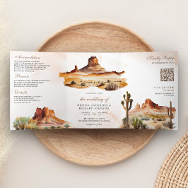 Convite Com Dobra Tripla Casamento Código QR de Cactus da Montanha do Deser