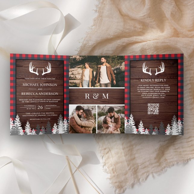Convite Com Dobra Tripla Casamento Código QR de Chifre de Plaid Buffalo Ver (Criador carregado)