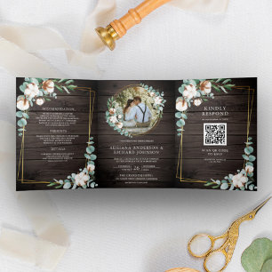 Convite Com Dobra Tripla Casamento Código QR de Eucalipto Algodão Dourado M