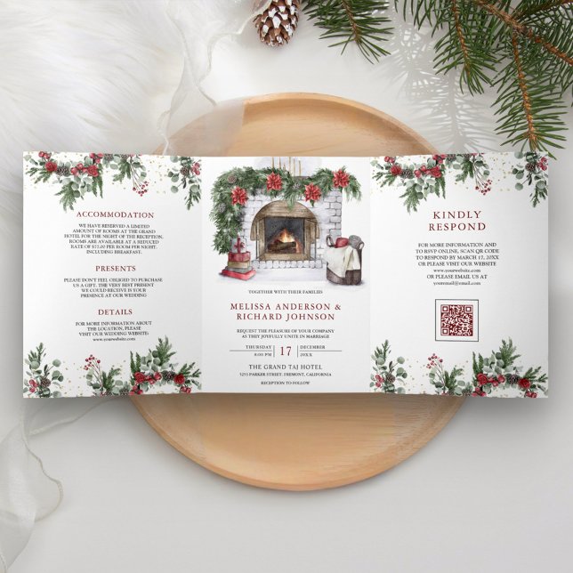 Convite Com Dobra Tripla Casamento Código QR de Natal com Lareira de Poinse (Criador carregado)