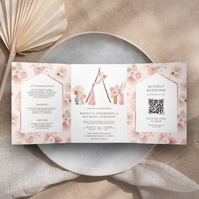 Convite Com Dobra Tripla Casamento Código QR do Arvorismo Boho Praia Floral (Criador carregado)