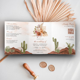 Convite Com Dobra Tripla Casamento Código QR do Cactus do Deserto Floral de