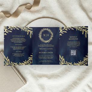 Convite Com Dobra Tripla Casamento Código QR do Ramo de Folha Dourada Azul