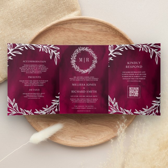 Convite Com Dobra Tripla Casamento Código QR do Ramo de Folha Prata Rosa Ma (Criador carregado)