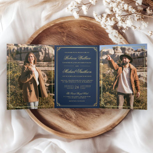 Convite Com Dobra Tripla Casamento Código QR Dourado Azul Marinho Foto Mini