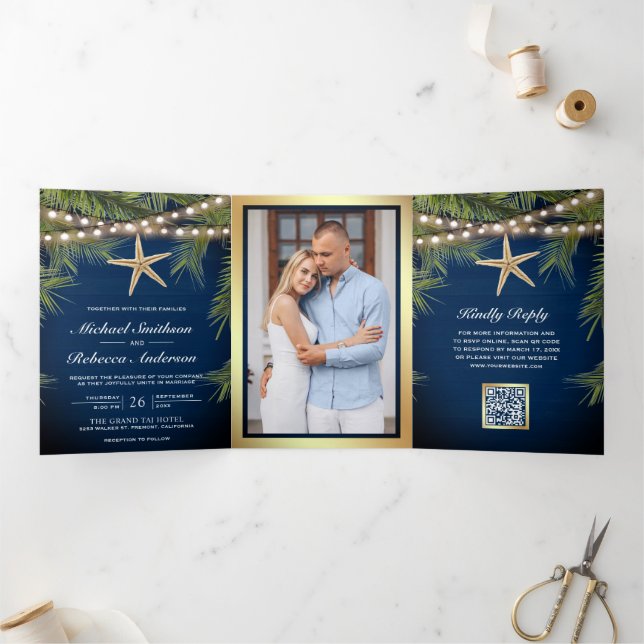 Convite Com Dobra Tripla Casamento Código QR Estrela do Mar Folhas de Palme (Dentro)