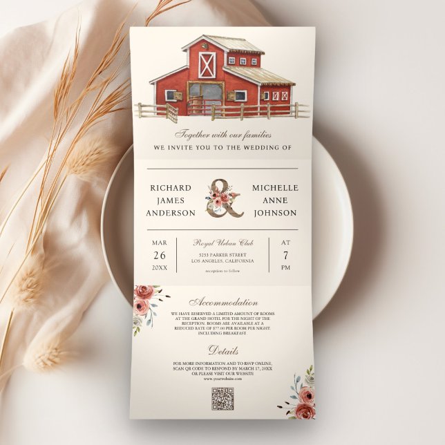 Convite Com Dobra Tripla Casamento Código QR Fazenda Celeiro Vermelho Rústi (Criador carregado)