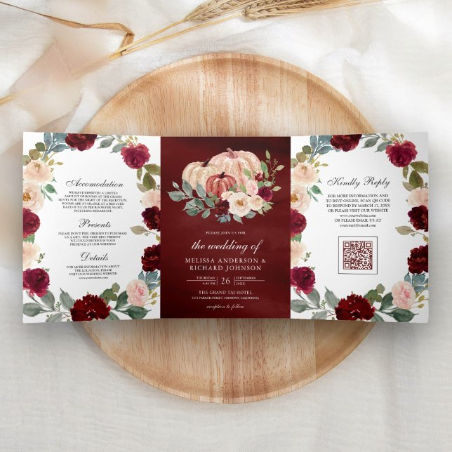 Convite Com Dobra Tripla Casamento Código QR Flor de Pêssego Borgonha Abóbo (Criador carregado)