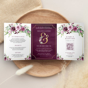 Convite Com Dobra Tripla Casamento Código QR Floral Ampersand Ameixa Rosa
