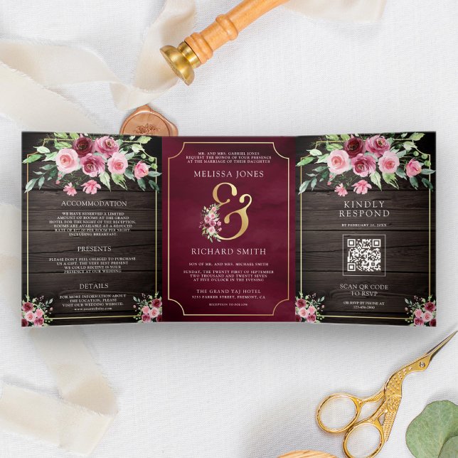 Convite Com Dobra Tripla Casamento Código QR Floral Ampersand Marsala Rosa (Criador carregado)