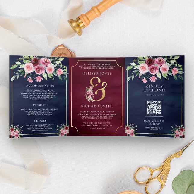 Convite Com Dobra Tripla Casamento Código QR Floral Ampersand Marsala Rosa  (Criador carregado)