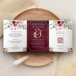 Convite Com Dobra Tripla Casamento Código QR Floral Ampersand Pink Marsala