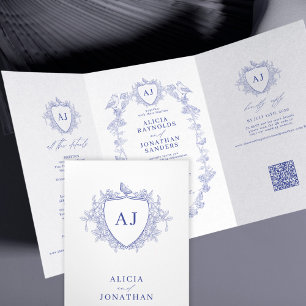 Convite Com Dobra Tripla Casamento código QR floral azul clássico francês