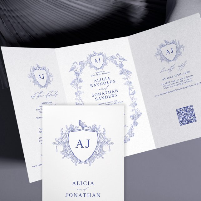Convite Com Dobra Tripla Casamento código QR floral azul clássico francês (Criador carregado)