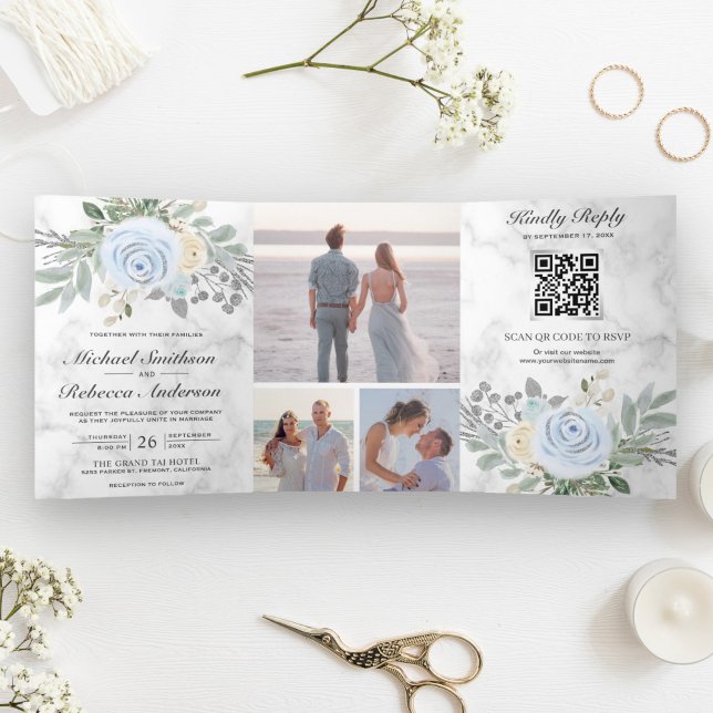 Convite Com Dobra Tripla Casamento Código QR Floral Azul Empoeirado Mármore (Criador carregado)