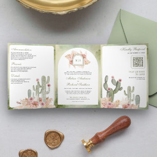Convite Com Dobra Tripla Casamento Código QR Floral Boho Rosa Pampas Cactus